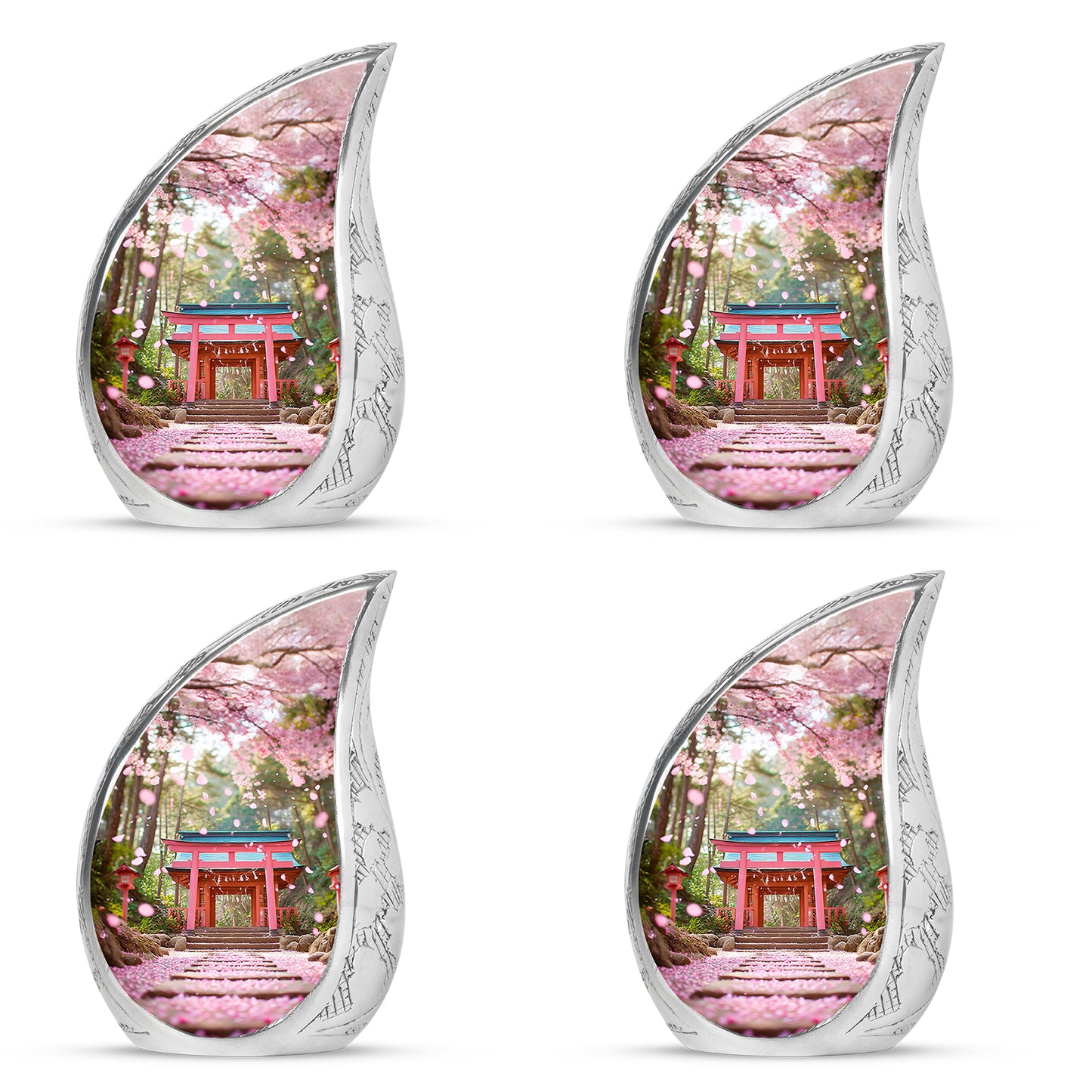 Burnished Gold Cherry Blossom Cremation Urn close-up of engraving and surface detail - graceful tear-shaped urn with cherry blossom motif - 10 inch aluminum urn for cremated remains