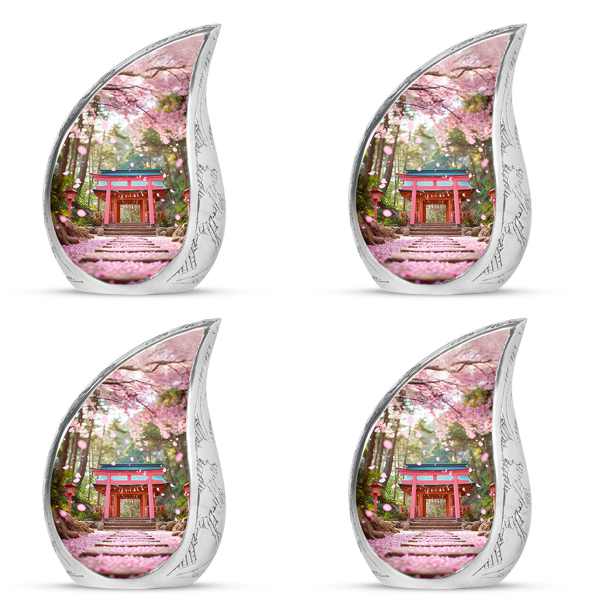 Burnished Gold Cherry Blossom Cremation Urn close-up of engraving and surface detail - graceful tear-shaped urn with cherry blossom motif - 10 inch aluminum urn for cremated remains