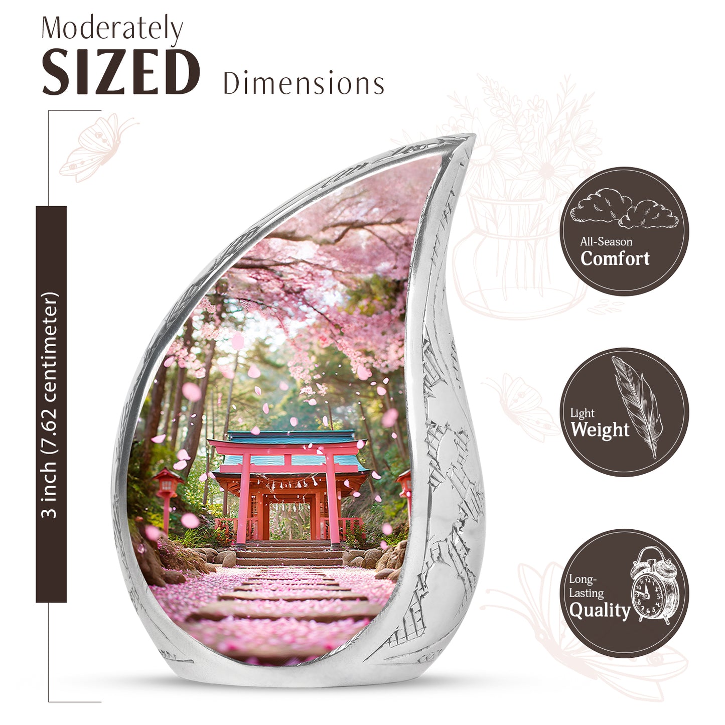 Matte Gold Cherry Blossom Cremation Urn angled view of lid and engraved motif - smooth teardrop contour featuring cherry blossom art - mini keepsake memorial for portion of cremation ashes
