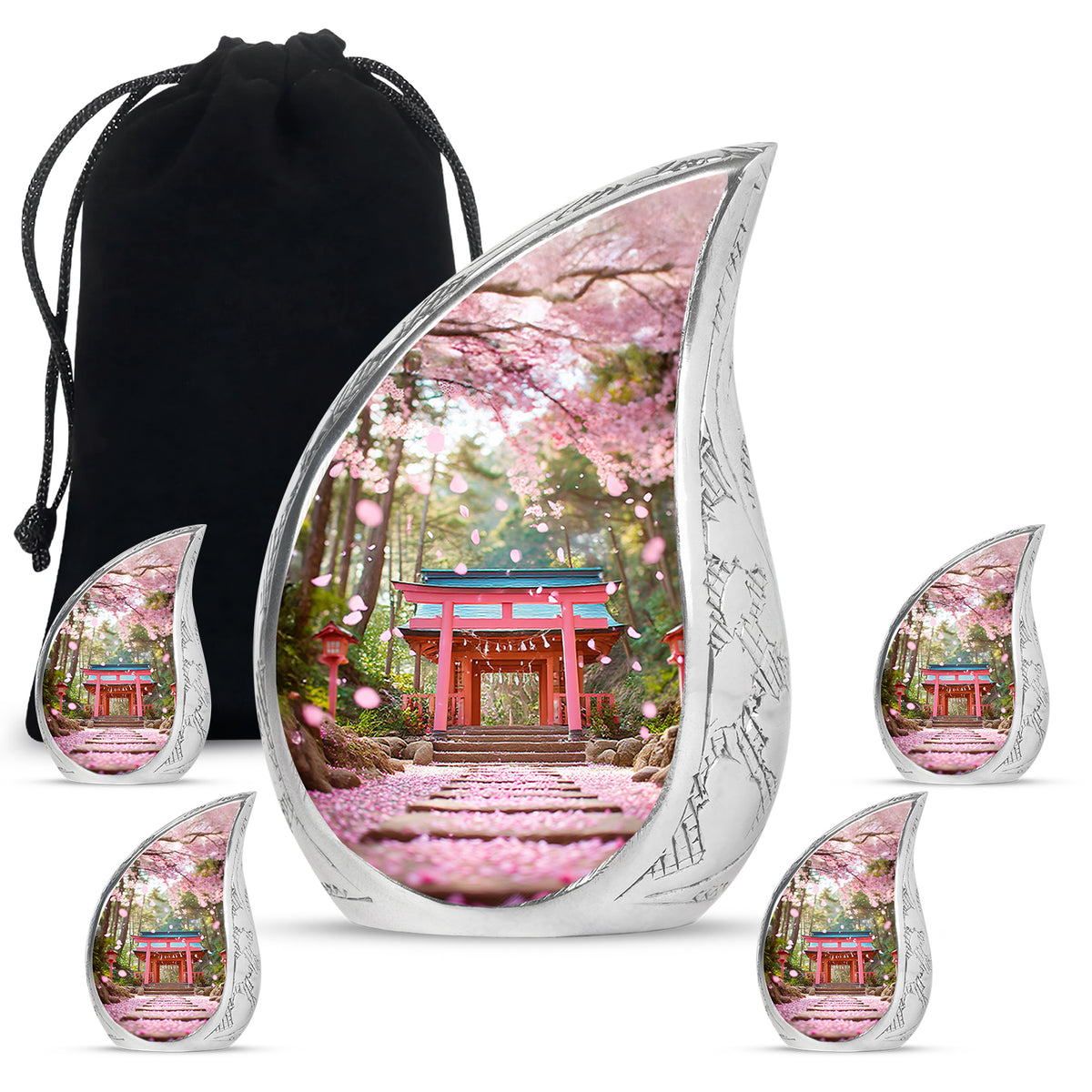 Royal Gold Cherry Blossom Cremation Urn side profile showing urn shape - graceful tear-shaped urn with cherry blossom motif - memorial set with one large and four small urns