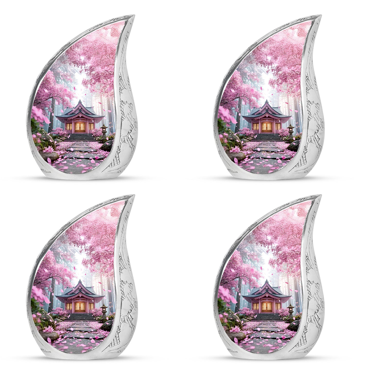 Dusty Pink Cherry Blossom Cremation Urn close-up of engraving and surface detail - smooth teardrop contour featuring cherry blossom art - 10 inch aluminum urn for cremated remains