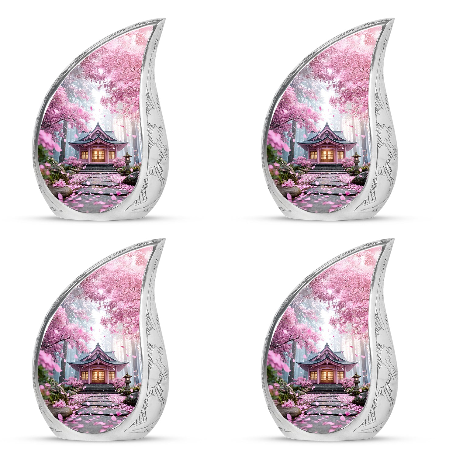 Dusty Pink Cherry Blossom Cremation Urn close-up of engraving and surface detail - smooth teardrop contour featuring cherry blossom art - 10 inch aluminum urn for cremated remains