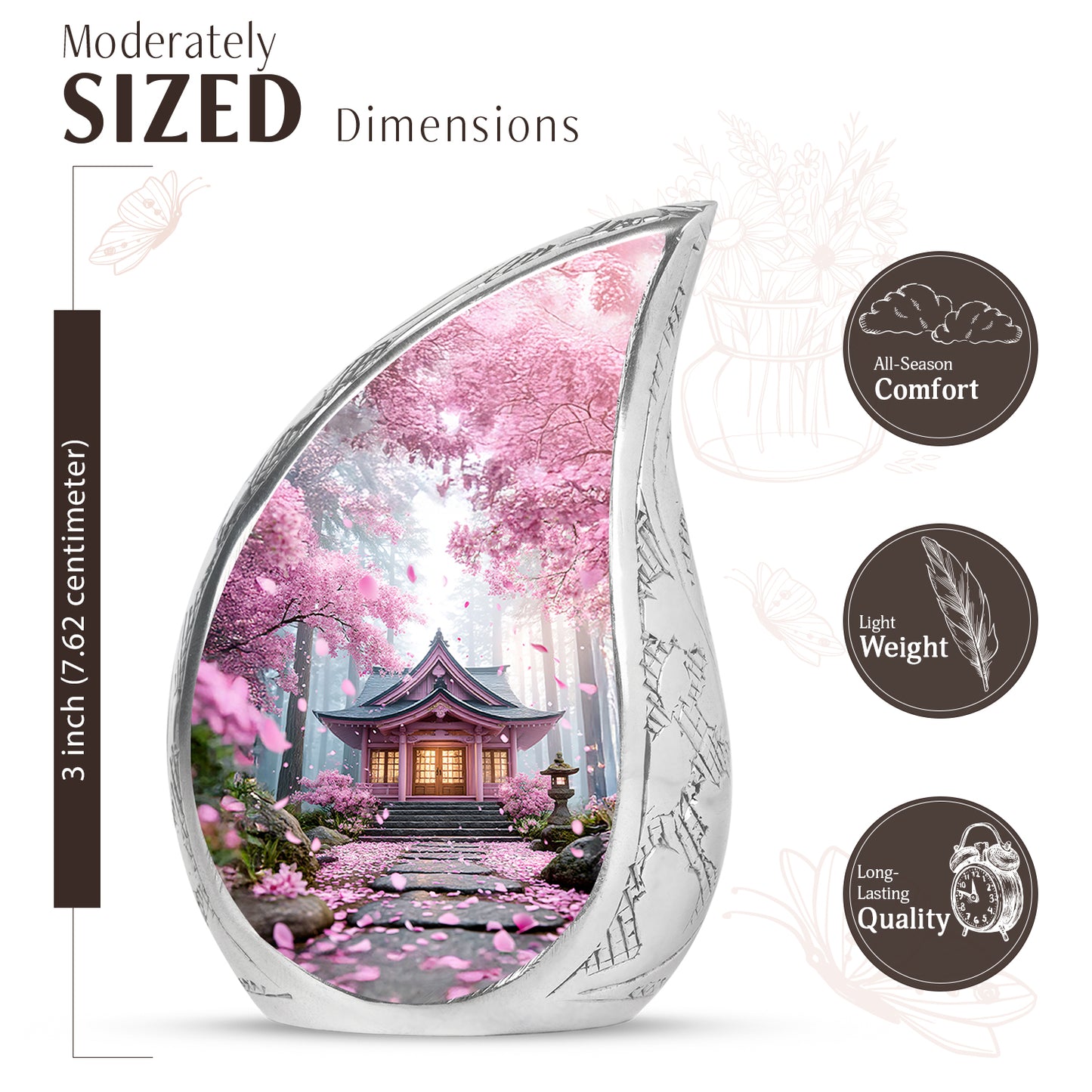 Blush Pink Cherry Blossom Cremation Urn angled view of lid and engraved motif - flowing teardrop cherry blossom silhouette on curved aluminum - mini keepsake memorial for portion of cremation ashes