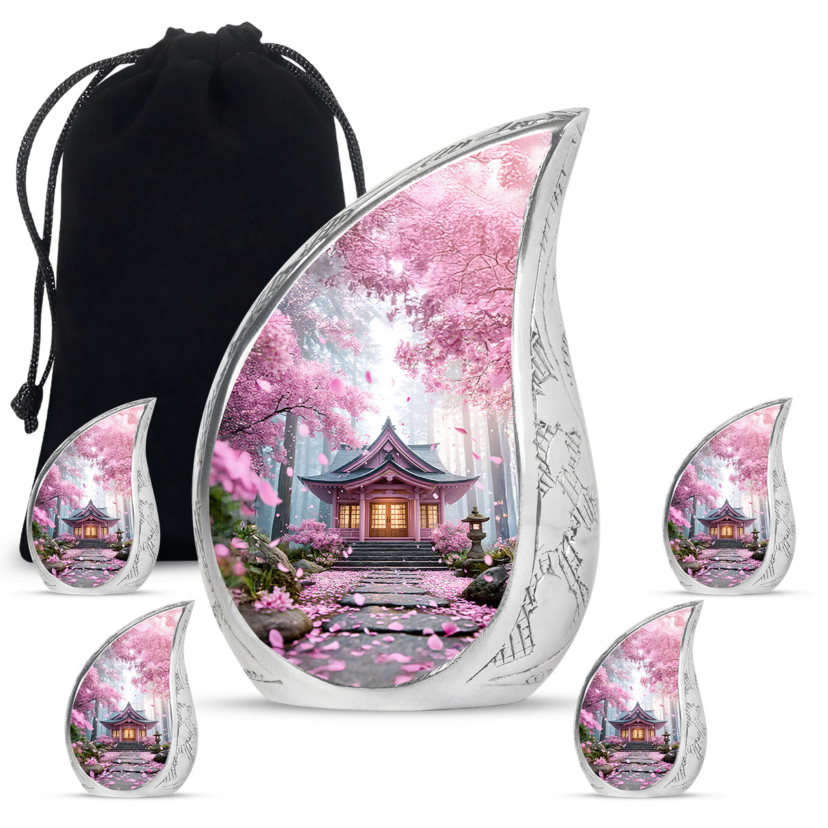 Blush Pink Cherry Blossom Cremation Urn side profile showing urn shape - rounded teardrop cherry blossom design with delicate detail - memorial set with one large and four small urns
