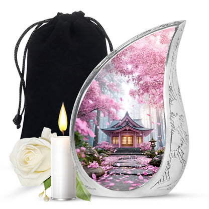 Dusty Pink Cherry Blossom Cremation Urn front view showing detailed design - smooth teardrop contour featuring cherry blossom art - full-size 10 inch 200 cubic inch adult cremation urn
