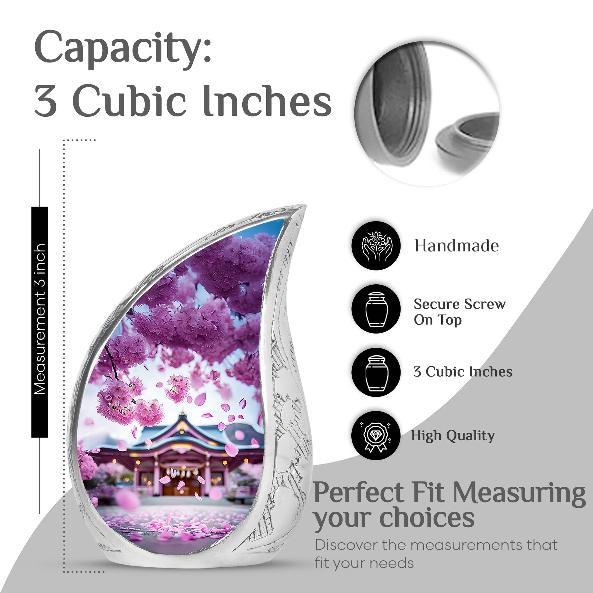 Blush Pink Cherry Blossom Cremation Urn angled view of lid and engraved motif - flowing teardrop cherry blossom silhouette on curved aluminum - mini keepsake memorial for portion of cremation ashes