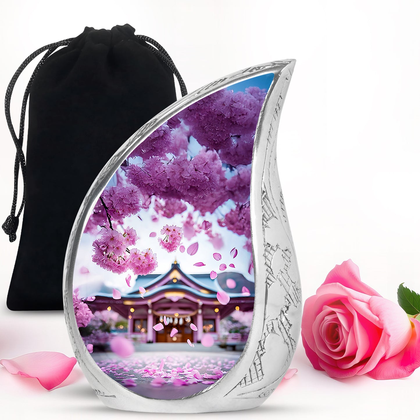 Rose Pink Cherry Blossom Cremation Urn front view showing detailed design - flowing teardrop cherry blossom silhouette on curved aluminum - full-size 10 inch 200 cubic inch adult cremation urn