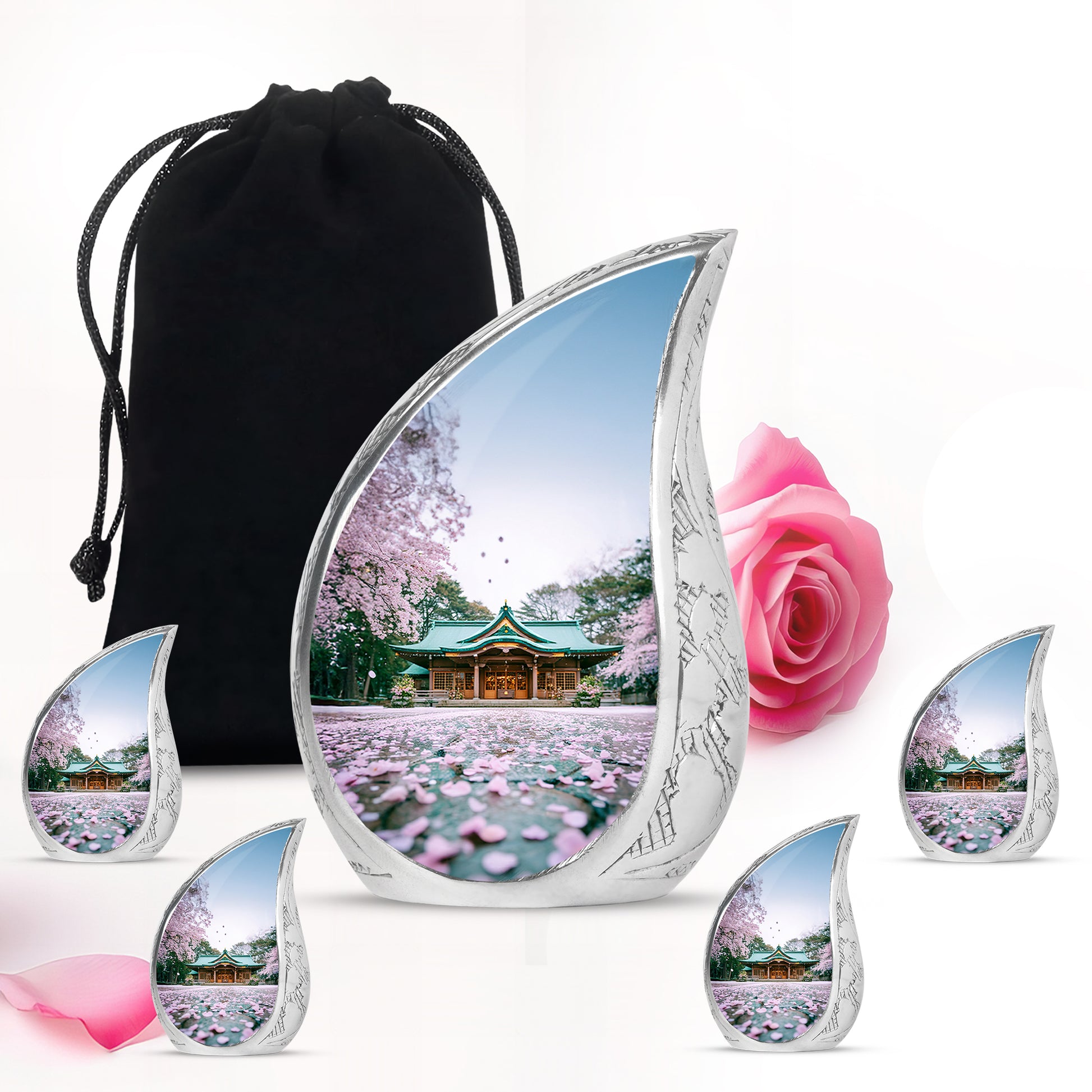 Porcelain White Cherry Blossom Cremation Urn side profile showing urn shape - graceful tear-shaped urn with cherry blossom motif - memorial set with one large and four small urns