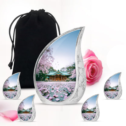 Porcelain White Cherry Blossom Cremation Urn side profile showing urn shape - graceful tear-shaped urn with cherry blossom motif - memorial set with one large and four small urns