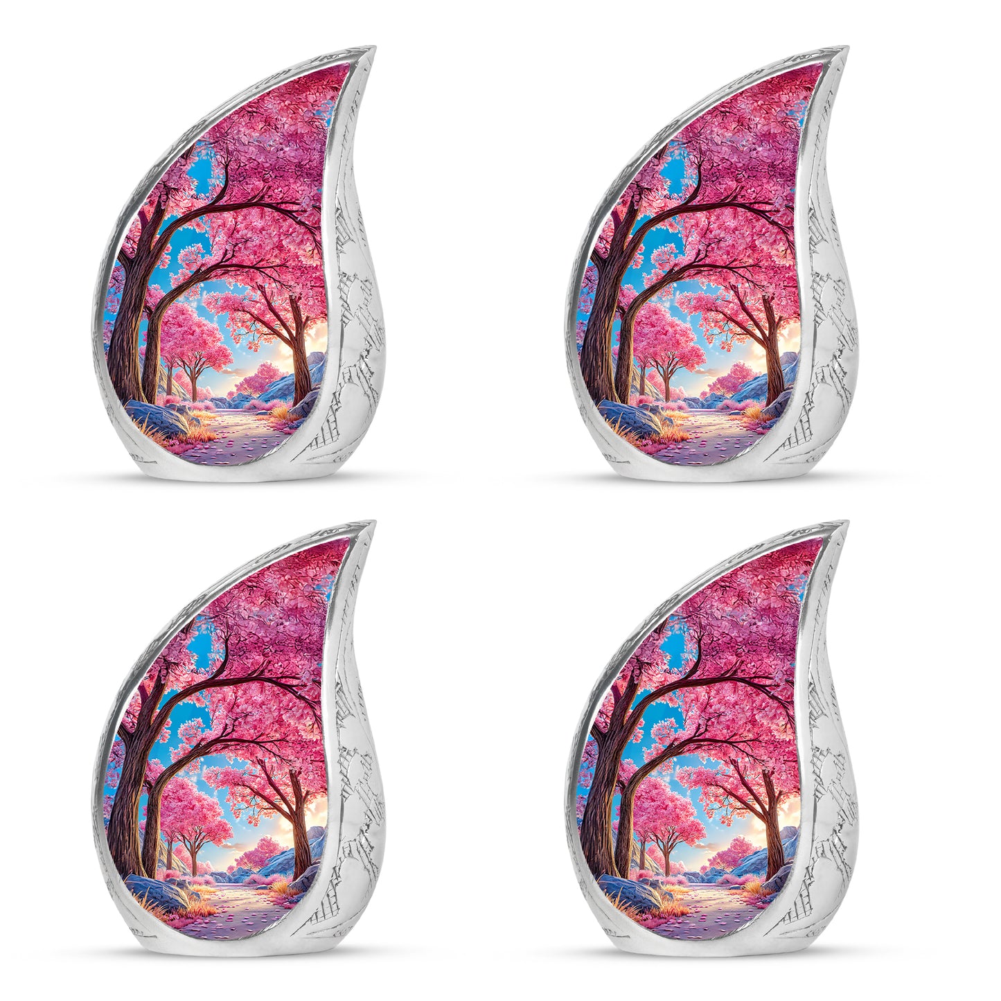 Bright Blue Cherry Blossom Cremation Urn close-up of engraving and surface detail - smooth teardrop contour featuring cherry blossom art - 10 inch aluminum urn for cremated remains