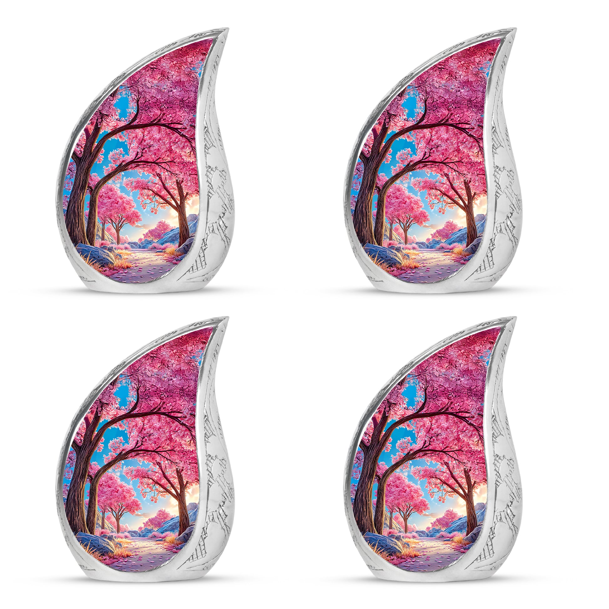 Bright Blue Cherry Blossom Cremation Urn close-up of engraving and surface detail - smooth teardrop contour featuring cherry blossom art - 10 inch aluminum urn for cremated remains