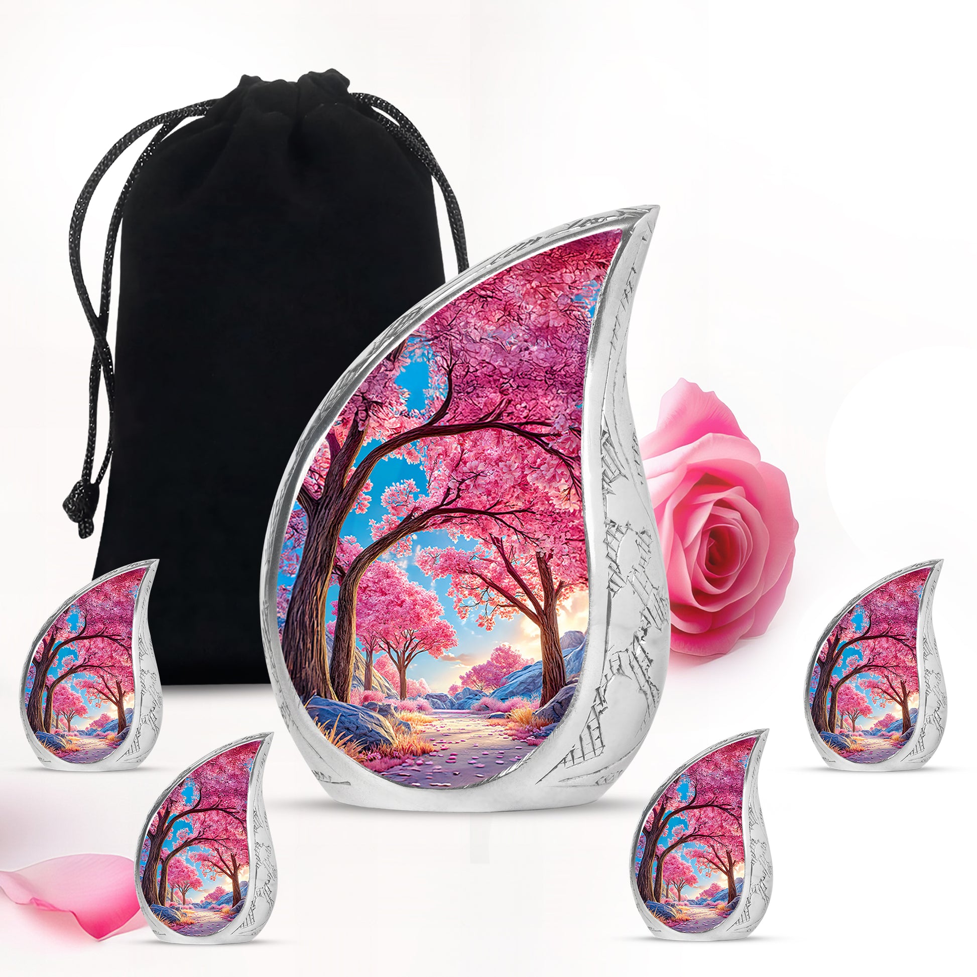 Icy Blue Cherry Blossom Cremation Urn side profile showing urn shape - flowing teardrop cherry blossom silhouette on curved aluminum - memorial set with one large and four small urns