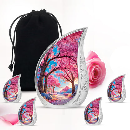 Icy Blue Cherry Blossom Cremation Urn side profile showing urn shape - flowing teardrop cherry blossom silhouette on curved aluminum - memorial set with one large and four small urns