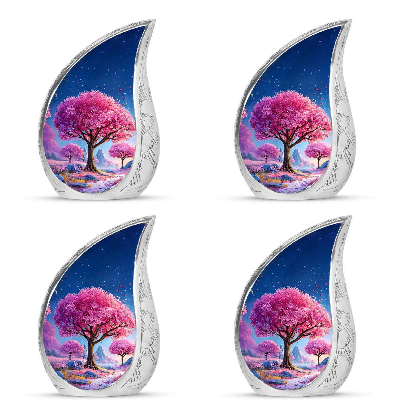 Soft Blue Cherry Blossom Cremation Urn close-up of engraving and surface detail - graceful tear-shaped urn with cherry blossom motif - 10 inch aluminum urn for cremated remains