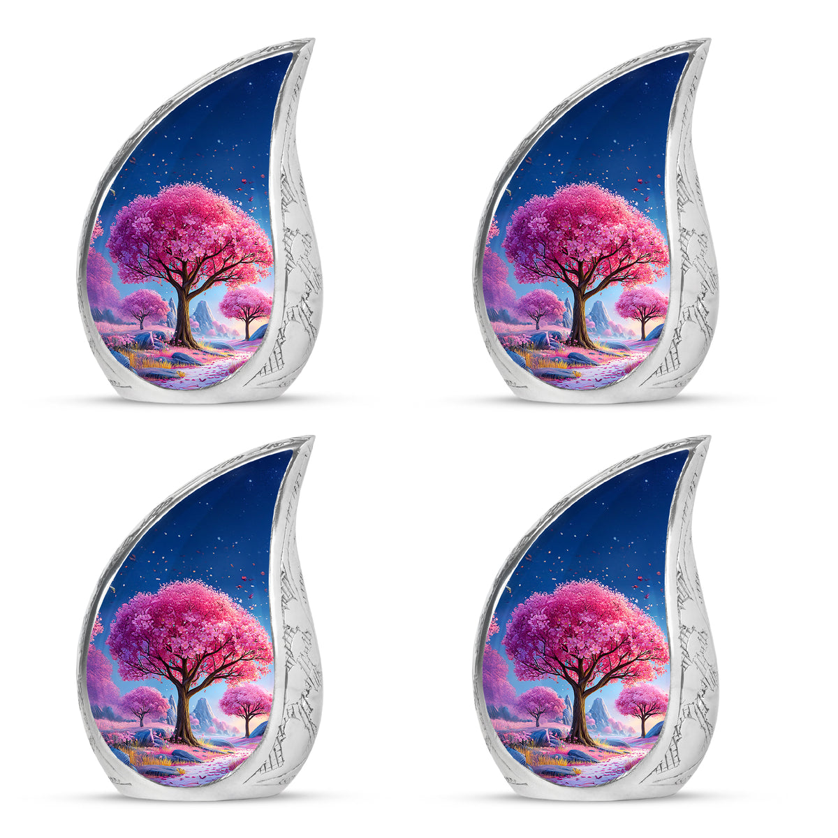 Soft Blue Cherry Blossom Cremation Urn close-up of engraving and surface detail - graceful tear-shaped urn with cherry blossom motif - 10 inch aluminum urn for cremated remains