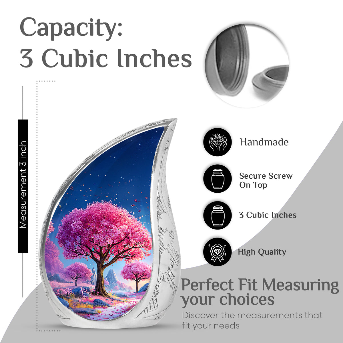 Sky Blue Cherry Blossom Cremation Urn angled view of lid and engraved motif - flowing teardrop cherry blossom silhouette on curved aluminum - mini keepsake memorial for portion of cremation ashes