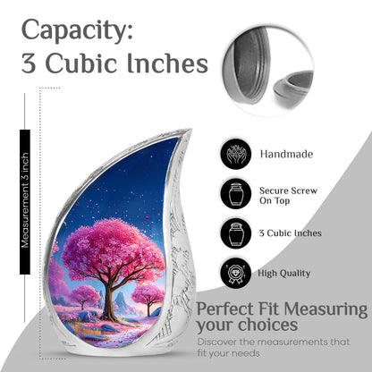 Sky Blue Cherry Blossom Cremation Urn angled view of lid and engraved motif - flowing teardrop cherry blossom silhouette on curved aluminum - mini keepsake memorial for portion of cremation ashes