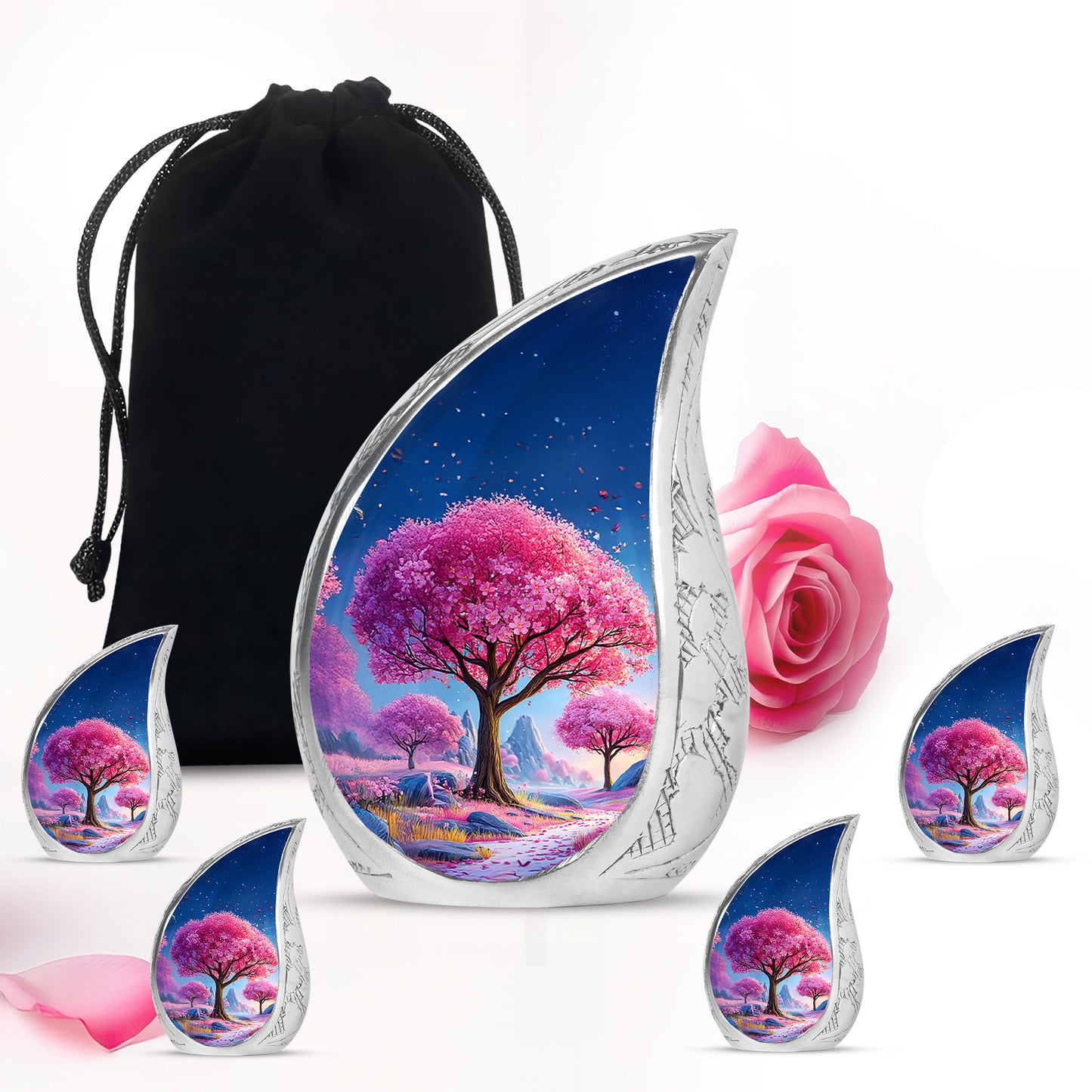 Cobalt Blue Cherry Blossom Cremation Urn side profile showing urn shape - graceful tear-shaped urn with cherry blossom motif - memorial set with one large and four small urns