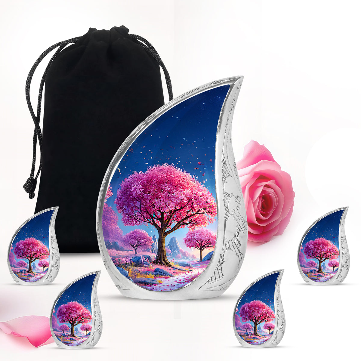 Cobalt Blue Cherry Blossom Cremation Urn side profile showing urn shape - graceful tear-shaped urn with cherry blossom motif - memorial set with one large and four small urns