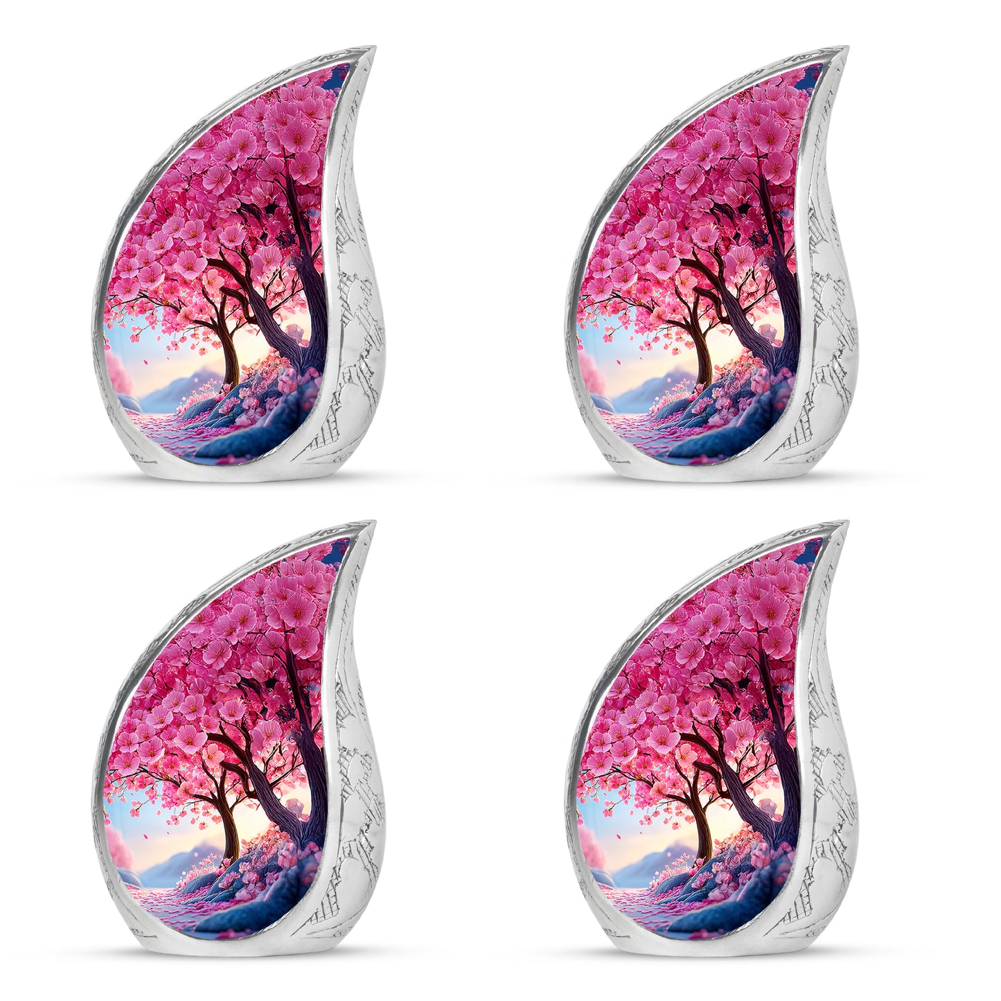 Peony Pink Cherry Blossom Cremation Urn close-up of engraving and surface detail - flowing teardrop cherry blossom silhouette on curved aluminum - 10 inch aluminum urn for cremated remains