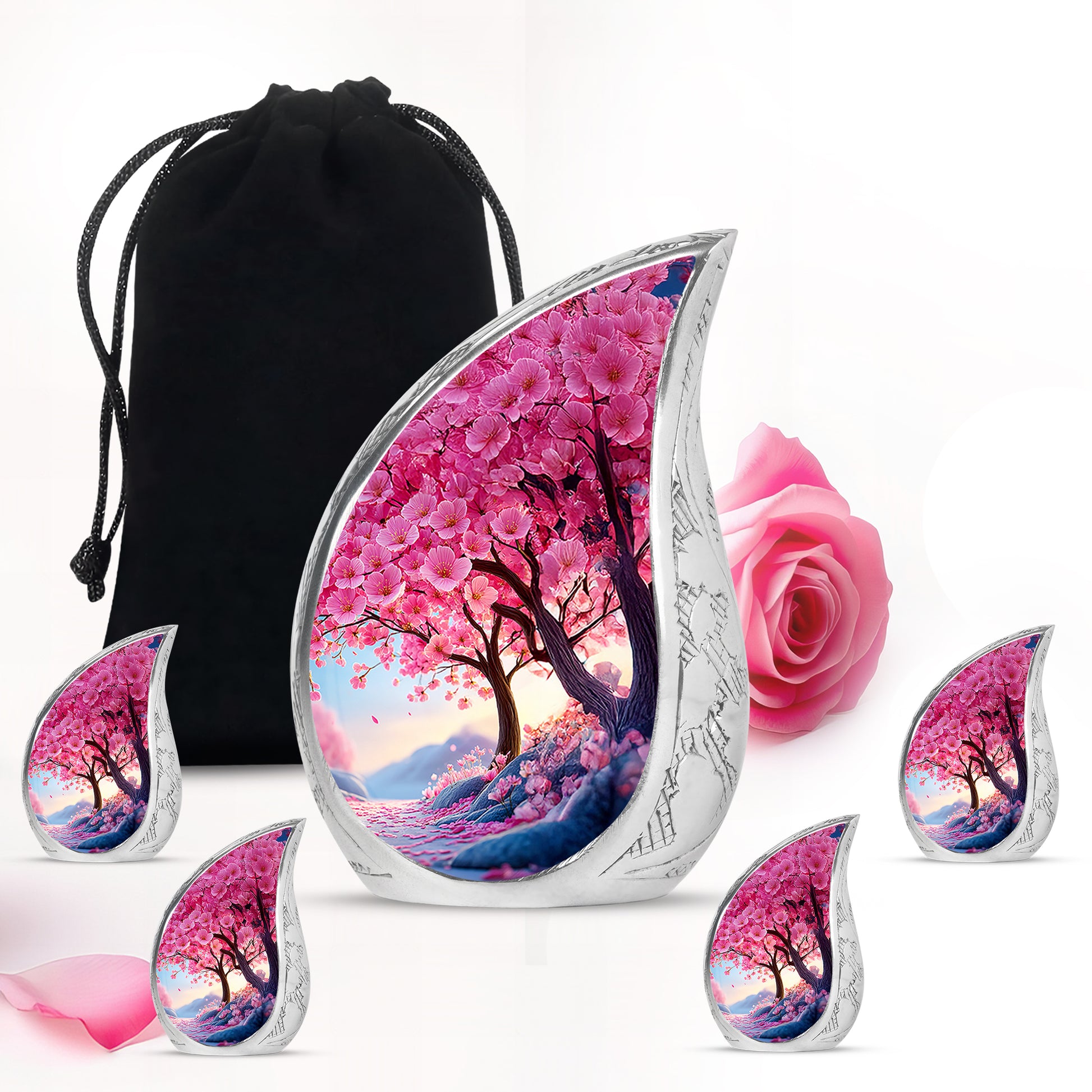 Petal Pink Cherry Blossom Cremation Urn side profile showing urn shape - graceful tear-shaped urn with cherry blossom motif - memorial set with one large and four small urns