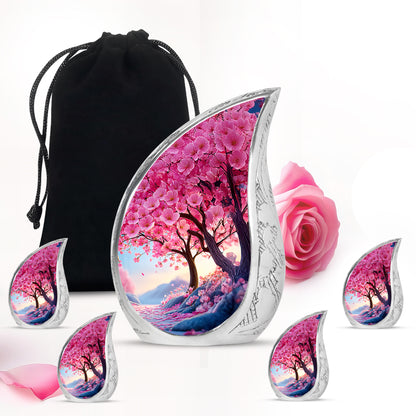 Petal Pink Cherry Blossom Cremation Urn side profile showing urn shape - graceful tear-shaped urn with cherry blossom motif - memorial set with one large and four small urns