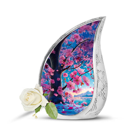 Teal Sacred Cherry Blossom Cremation Urns for Human Ashes - 10-inch, 200 cu in - Yatskia