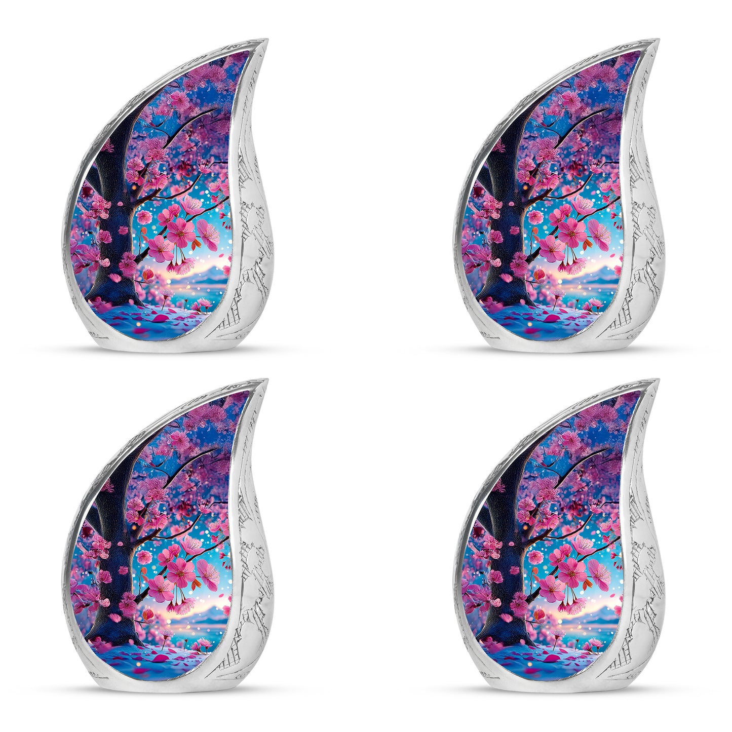 Sea Green Teal Cherry Blossom Cremation Urn close-up of engraving and surface detail - flowing teardrop cherry blossom silhouette on curved aluminum - 10 inch aluminum urn for cremated remains