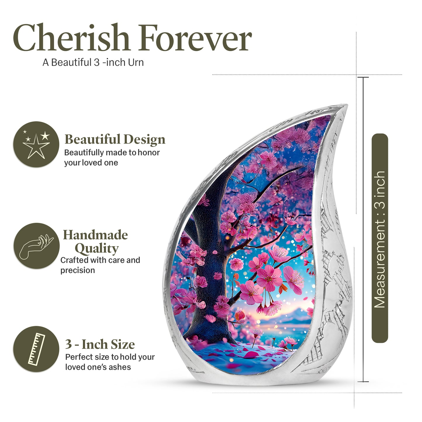 Tropical Teal Cherry Blossom Cremation Urn angled view of lid and engraved motif - smooth teardrop contour featuring cherry blossom art - mini keepsake memorial for portion of cremation ashes