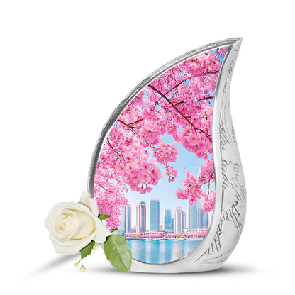 Blue Cherry Blossom Cremation Urns - Glorious Memorial 10-inch, 200 cu in - Yatskia