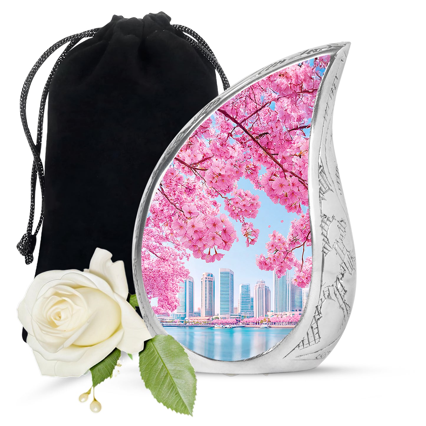 Icy Blue Cherry Blossom Cremation Urn front view showing detailed design - rounded teardrop cherry blossom design with delicate detail - full-size 10 inch 200 cubic inch adult cremation urn