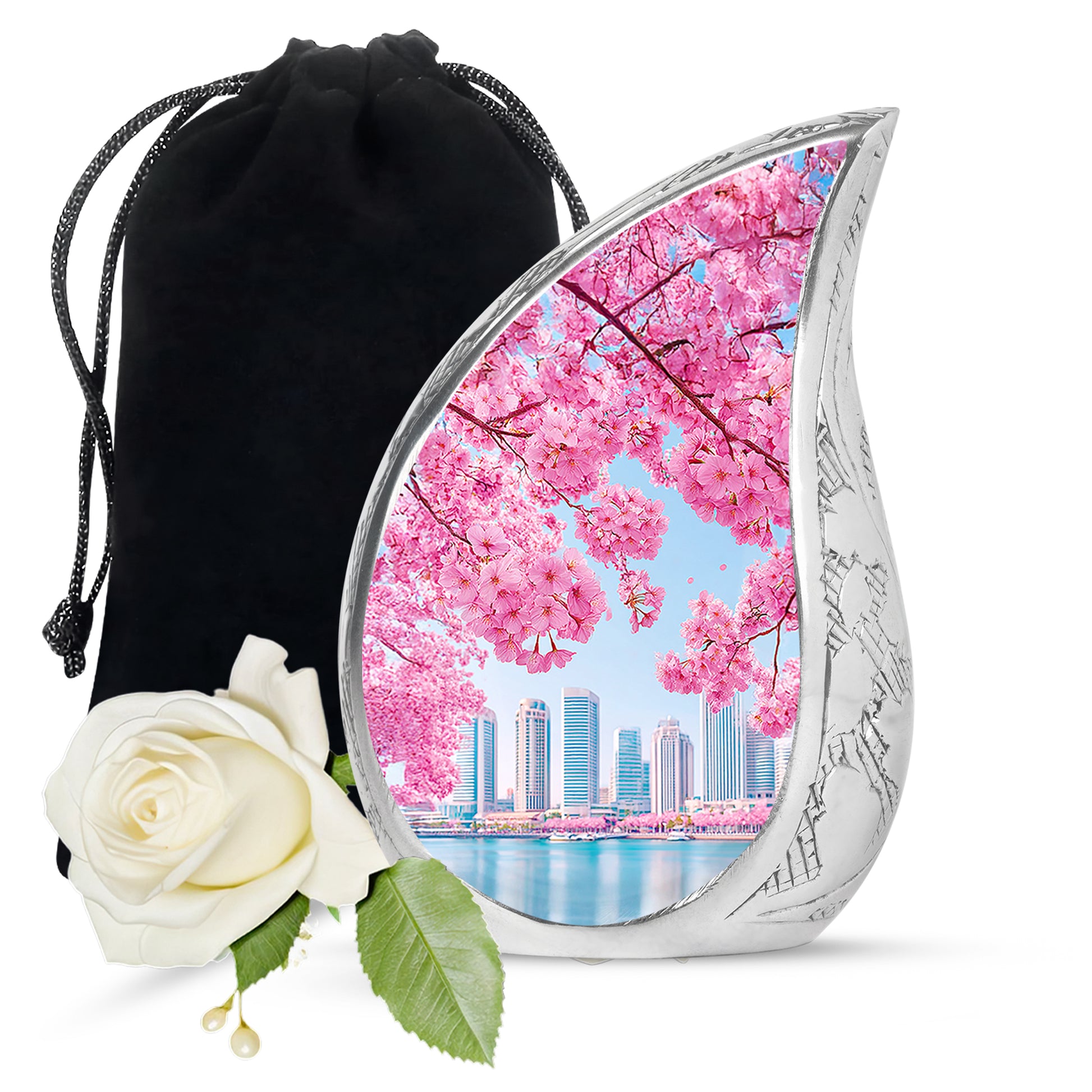 Icy Blue Cherry Blossom Cremation Urn front view showing detailed design - rounded teardrop cherry blossom design with delicate detail - full-size 10 inch 200 cubic inch adult cremation urn