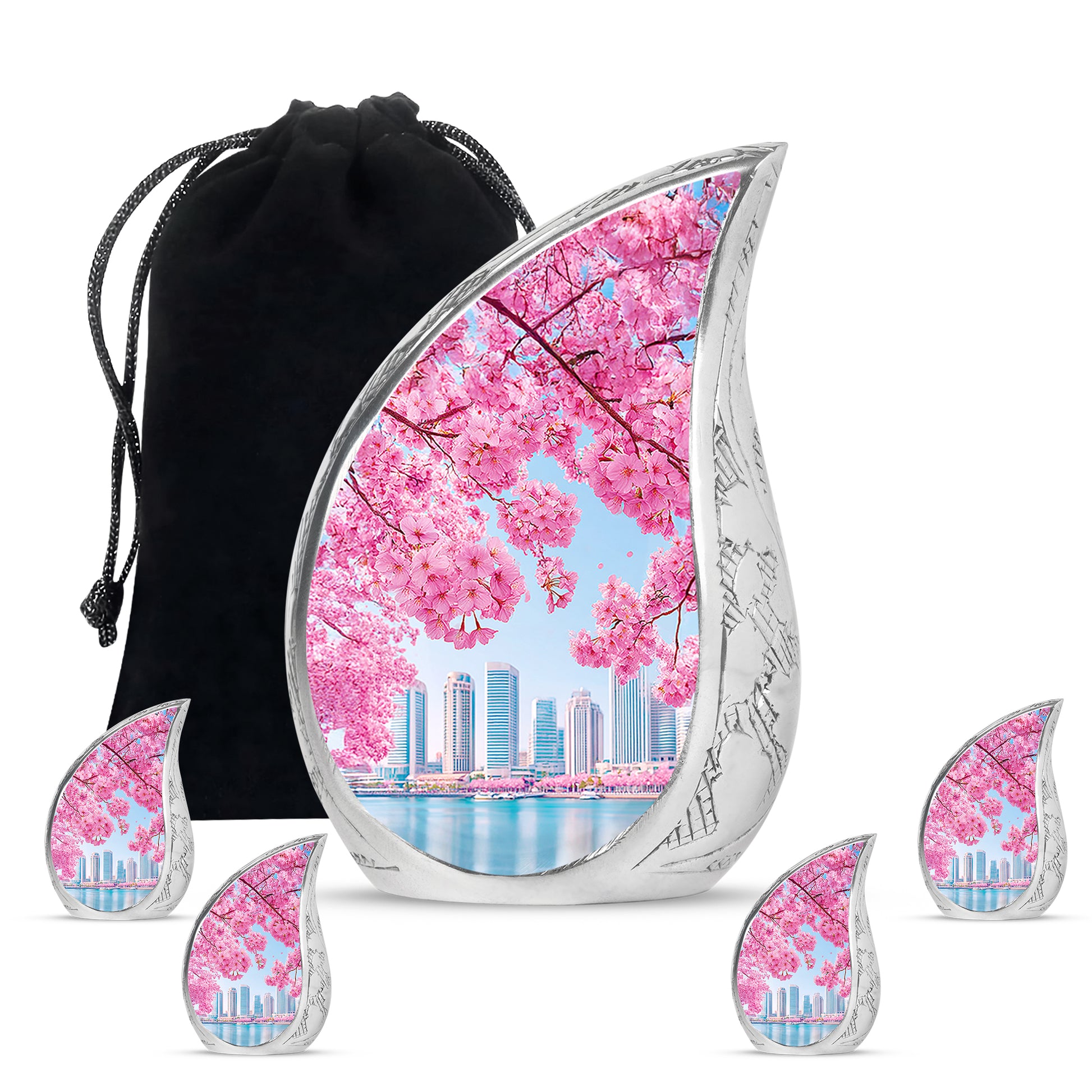 Misty Blue Cherry Blossom Cremation Urn side profile showing urn shape - flowing teardrop cherry blossom silhouette on curved aluminum - memorial set with one large and four small urns