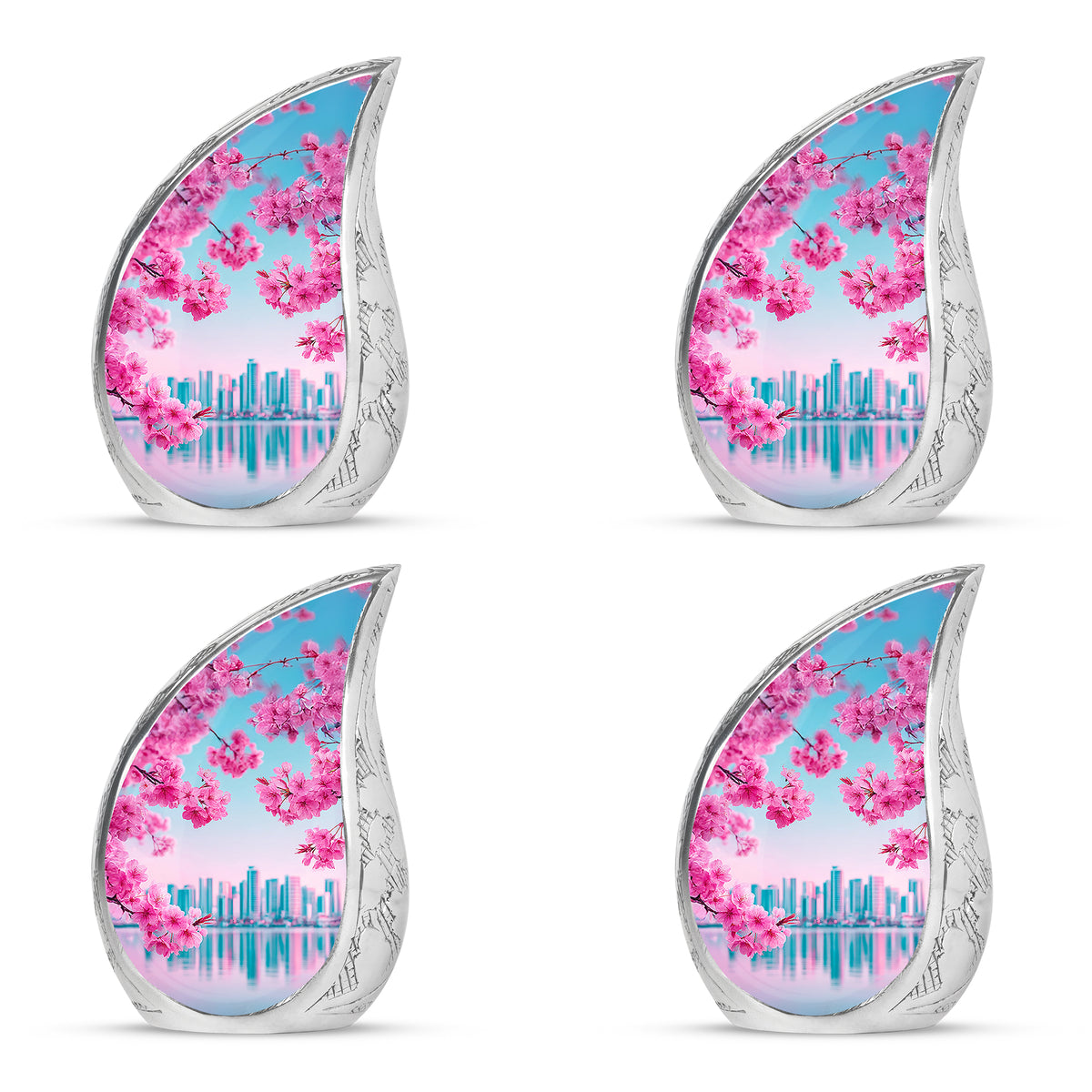 Deep Teal Cherry Blossom Cremation Urn close-up of engraving and surface detail - smooth teardrop contour featuring cherry blossom art - 10 inch aluminum urn for cremated remains