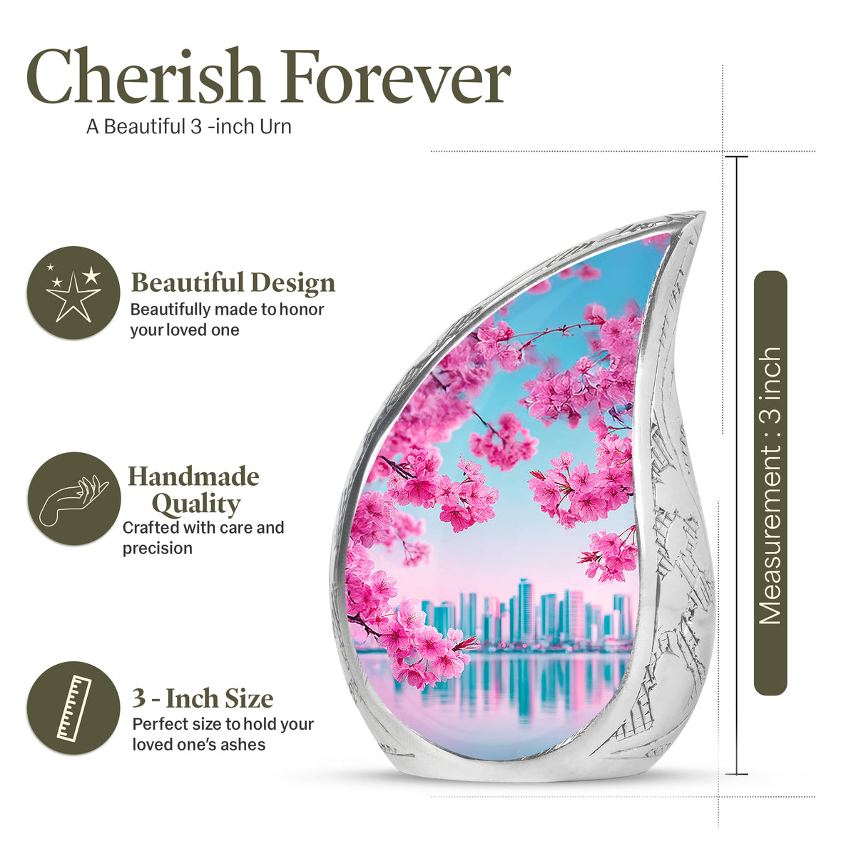 Sea Green Teal Cherry Blossom Cremation Urn angled view of lid and engraved motif - rounded teardrop cherry blossom design with delicate detail - mini keepsake memorial for portion of cremation ashes