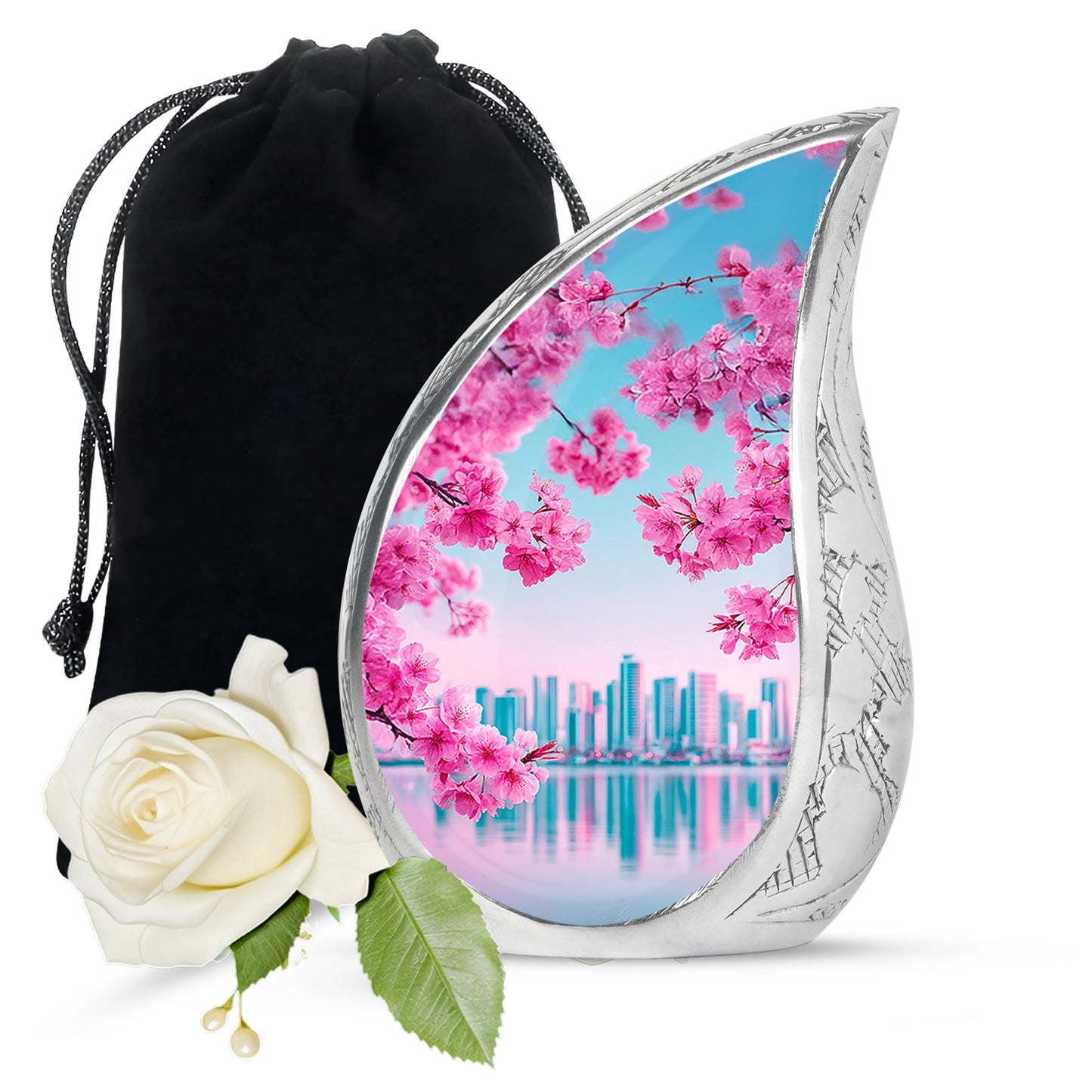 Vivid Teal Cherry Blossom Cremation Urn front view showing detailed design - smooth teardrop contour featuring cherry blossom art - full-size 10 inch 200 cubic inch adult cremation urn