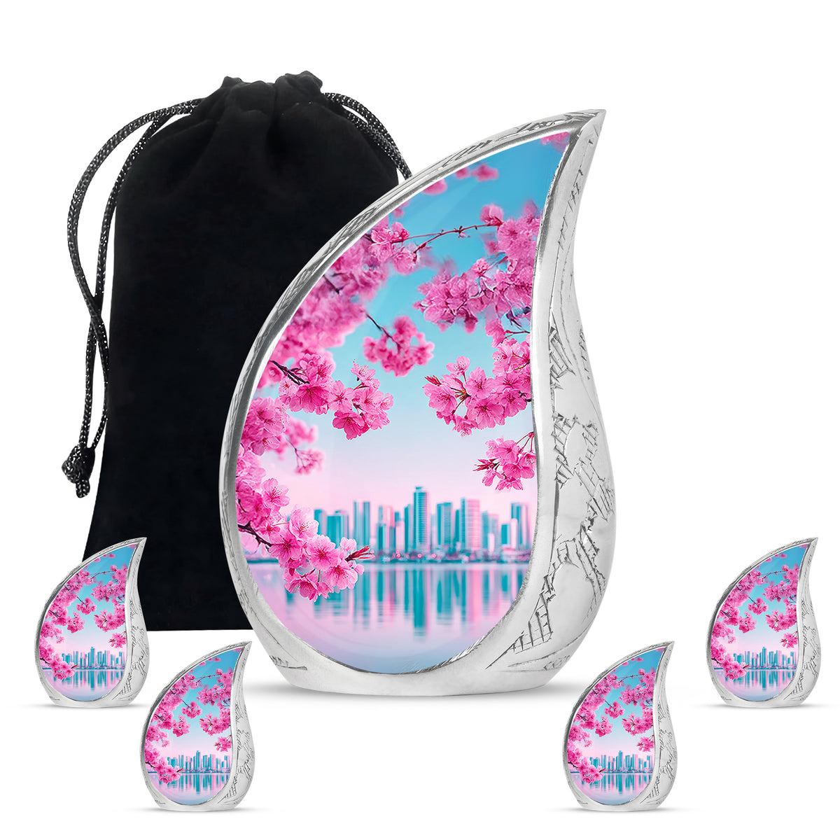Jewel Teal Cherry Blossom Cremation Urn side profile showing urn shape - rounded teardrop cherry blossom design with delicate detail - memorial set with one large and four small urns