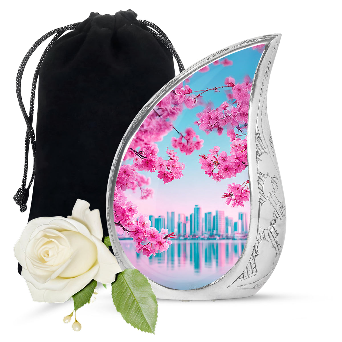 Vivid Teal Cherry Blossom Cremation Urn front view showing detailed design - smooth teardrop contour featuring cherry blossom art - full-size 10 inch 200 cubic inch adult cremation urn