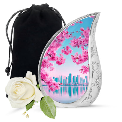 Vivid Teal Cherry Blossom Cremation Urn front view showing detailed design - smooth teardrop contour featuring cherry blossom art - full-size 10 inch 200 cubic inch adult cremation urn
