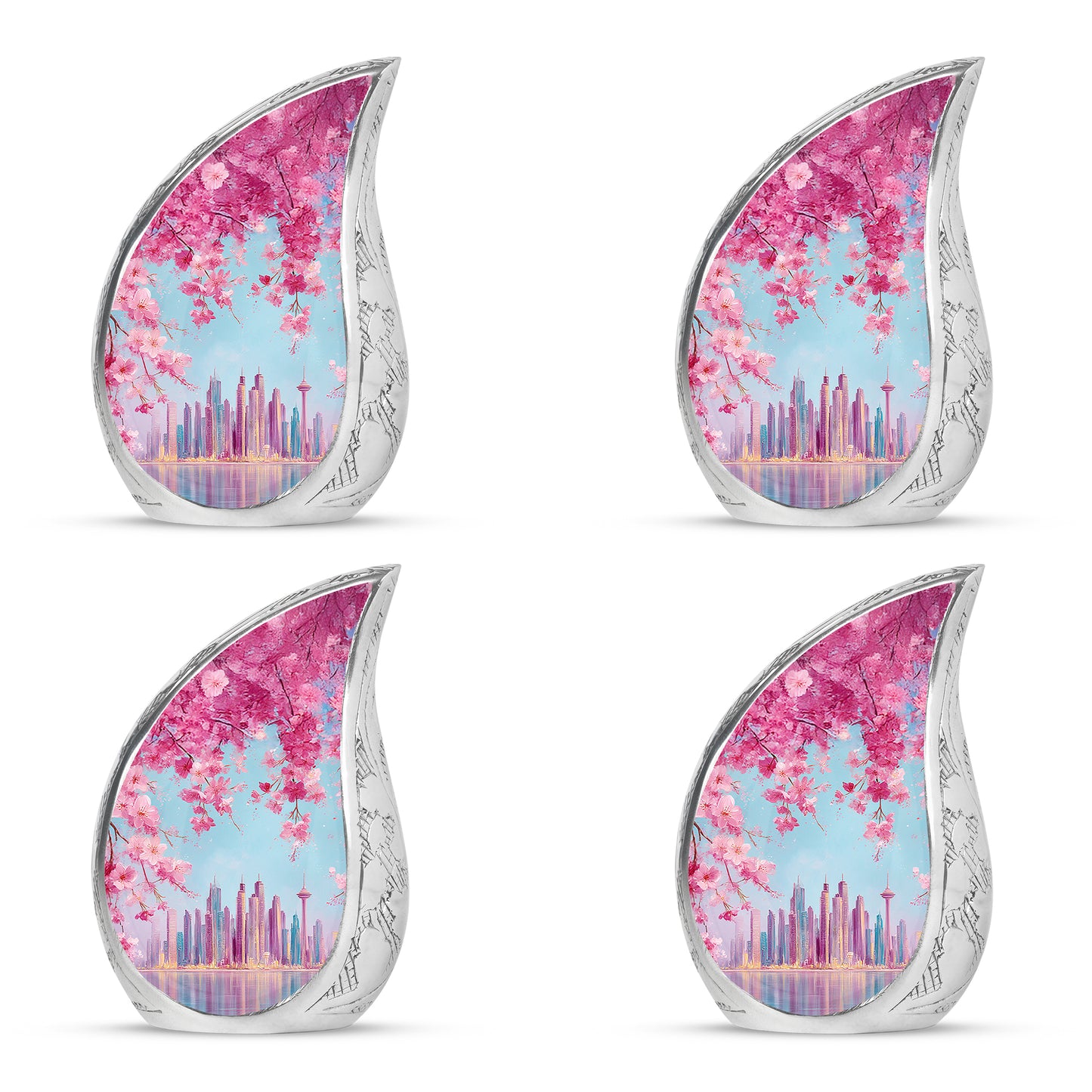 Bright Blue Cherry Blossom Cremation Urn close-up of engraving and surface detail - graceful tear-shaped urn with cherry blossom motif - 10 inch aluminum urn for cremated remains
