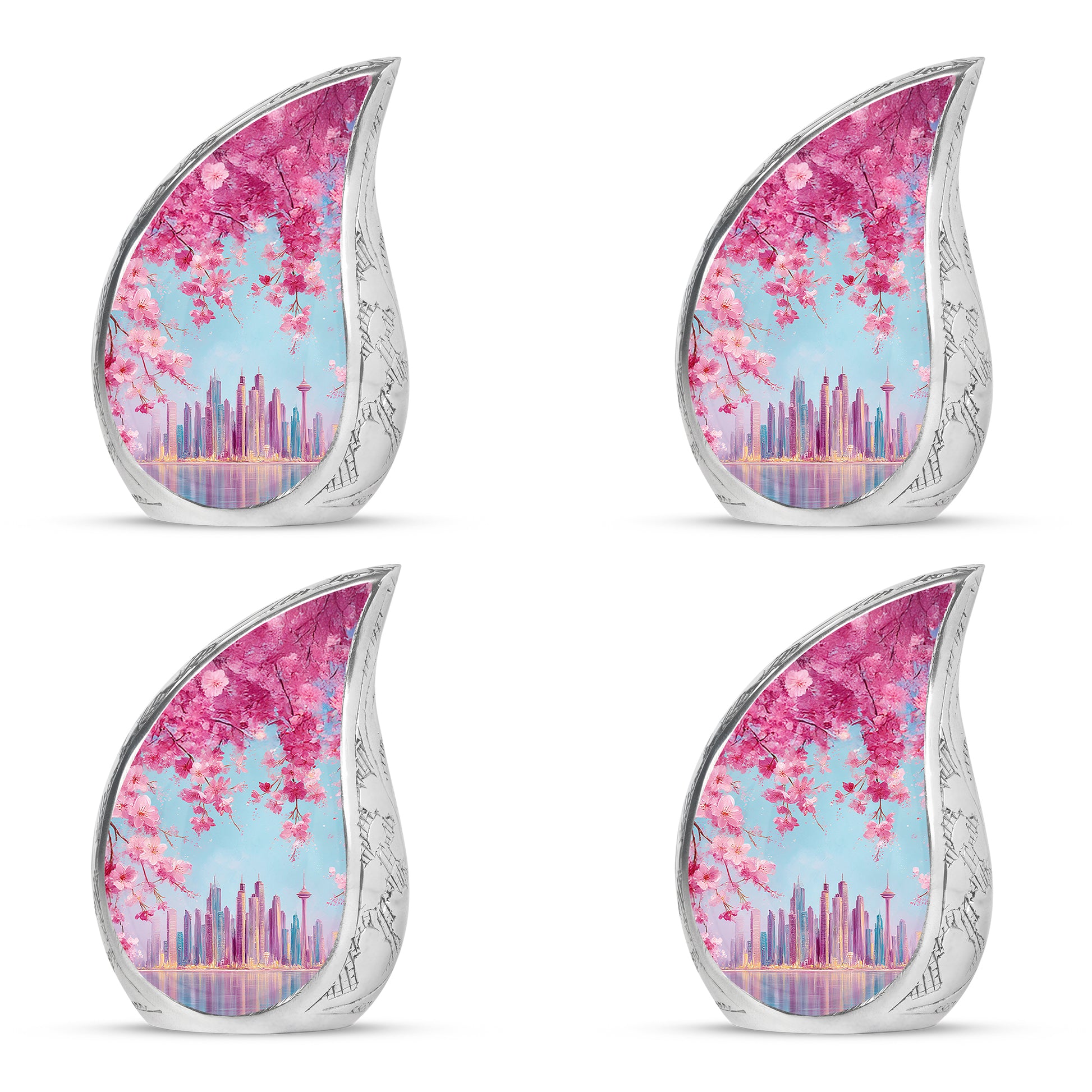 Bright Blue Cherry Blossom Cremation Urn close-up of engraving and surface detail - graceful tear-shaped urn with cherry blossom motif - 10 inch aluminum urn for cremated remains