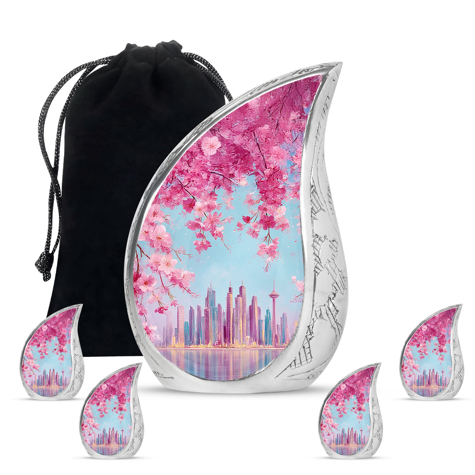 Bright Blue Cherry Blossom Cremation Urn side profile showing urn shape - graceful tear-shaped urn with cherry blossom motif - memorial set with one large and four small urns