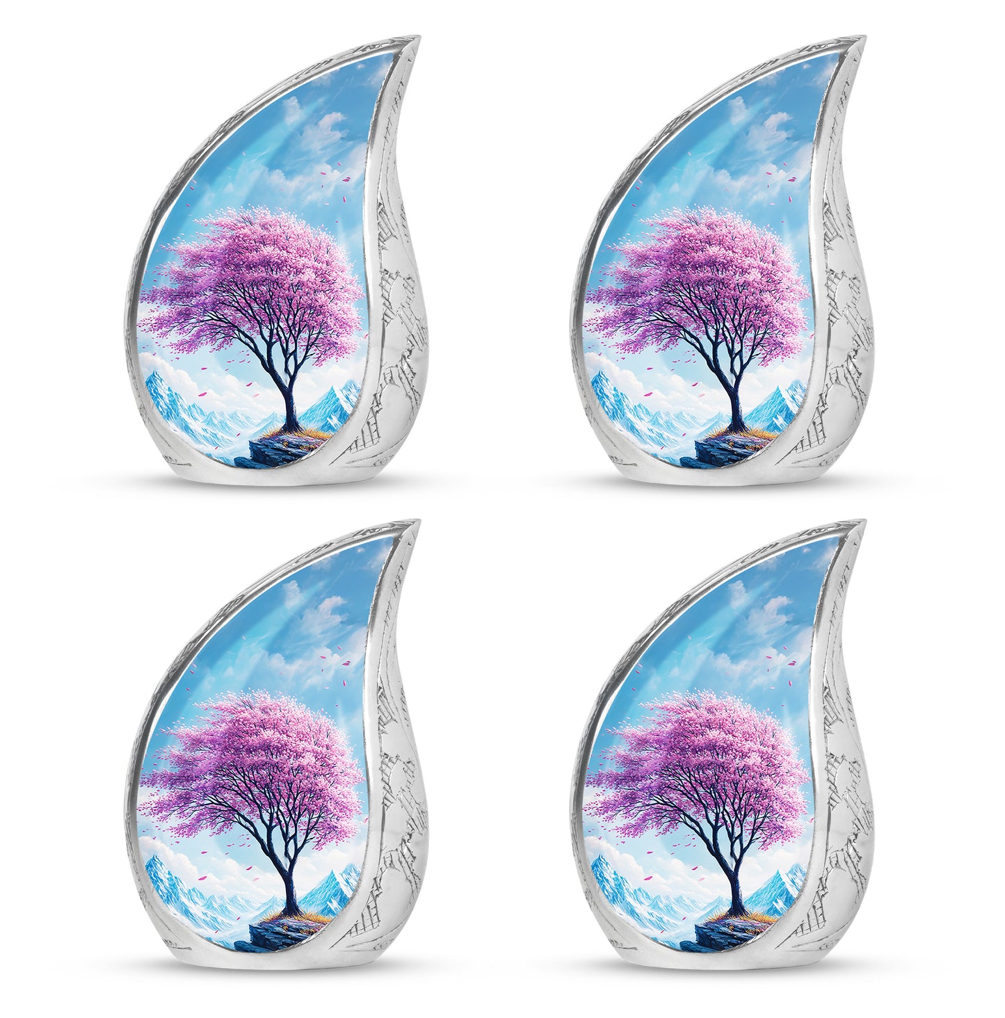 Sapphire Blue Cherry Blossom Cremation Urn close-up of engraving and surface detail - smooth teardrop contour featuring cherry blossom art - 10 inch aluminum urn for cremated remains