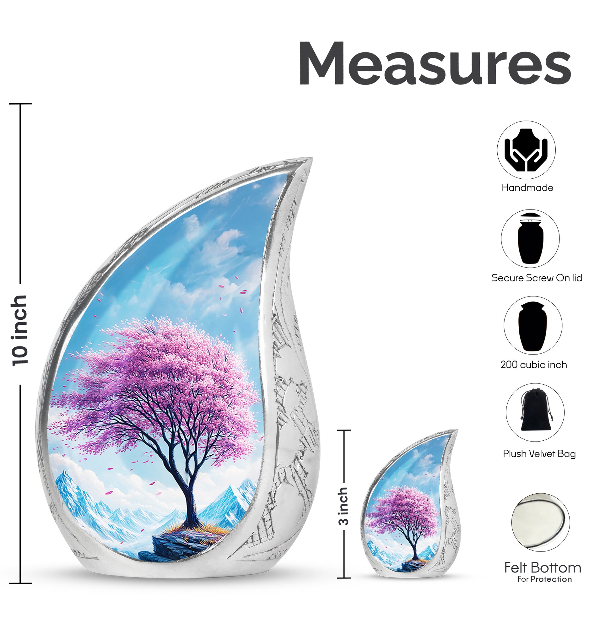 Calming Blue Cherry Blossom Cremation Urn angled view of lid and engraved motif - graceful tear-shaped urn with cherry blossom motif - mini keepsake memorial for portion of cremation ashes