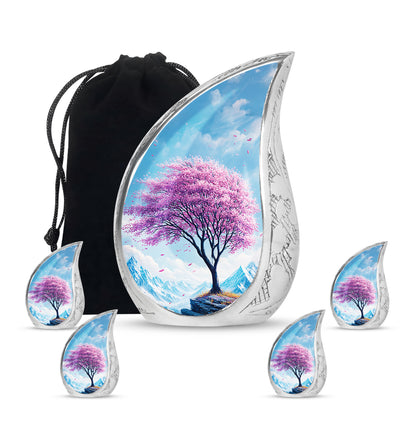 Slate Blue Cherry Blossom Cremation Urn side profile showing urn shape - flowing teardrop cherry blossom silhouette on curved aluminum - memorial set with one large and four small urns