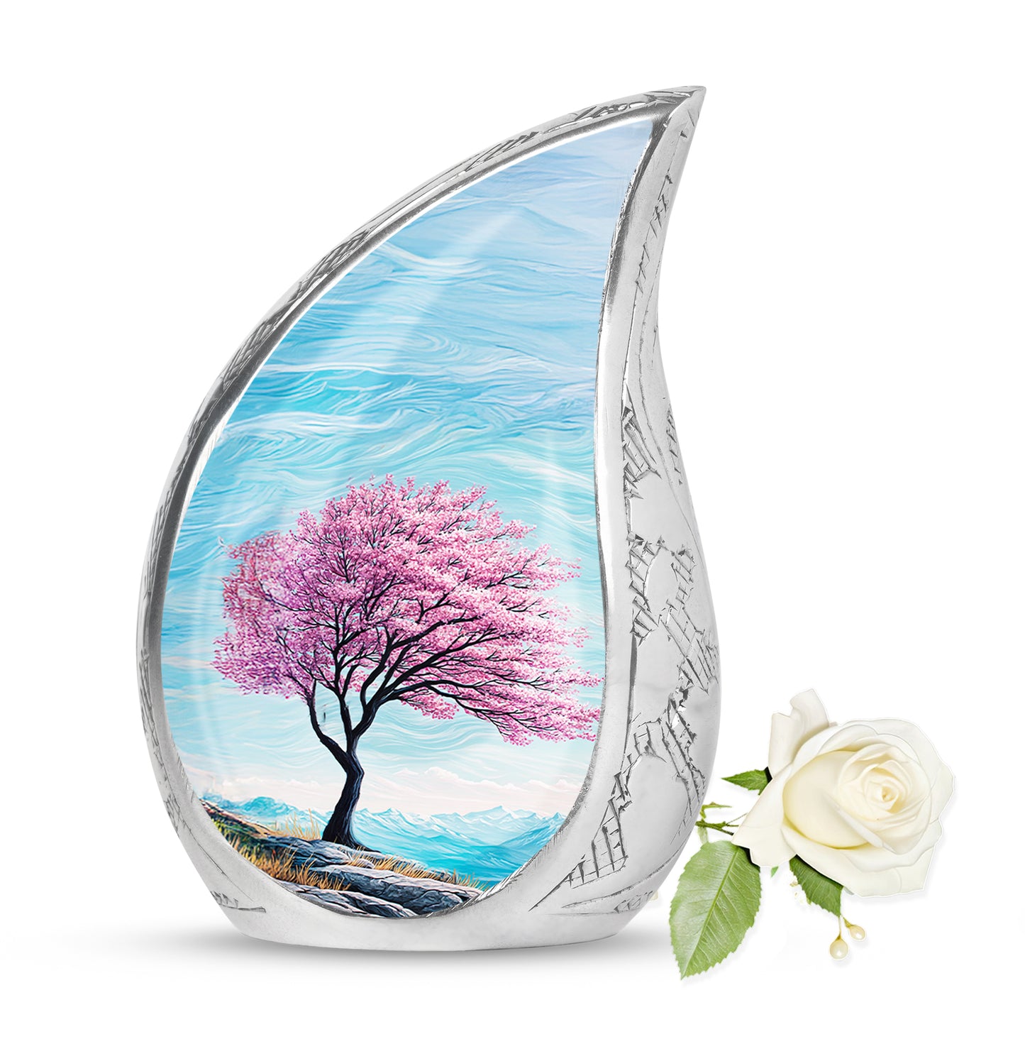 Inspiring Teal Cherry Blossom Embrace Urn for Human Ashes - 10-inch, 200 cu in - Yatskia