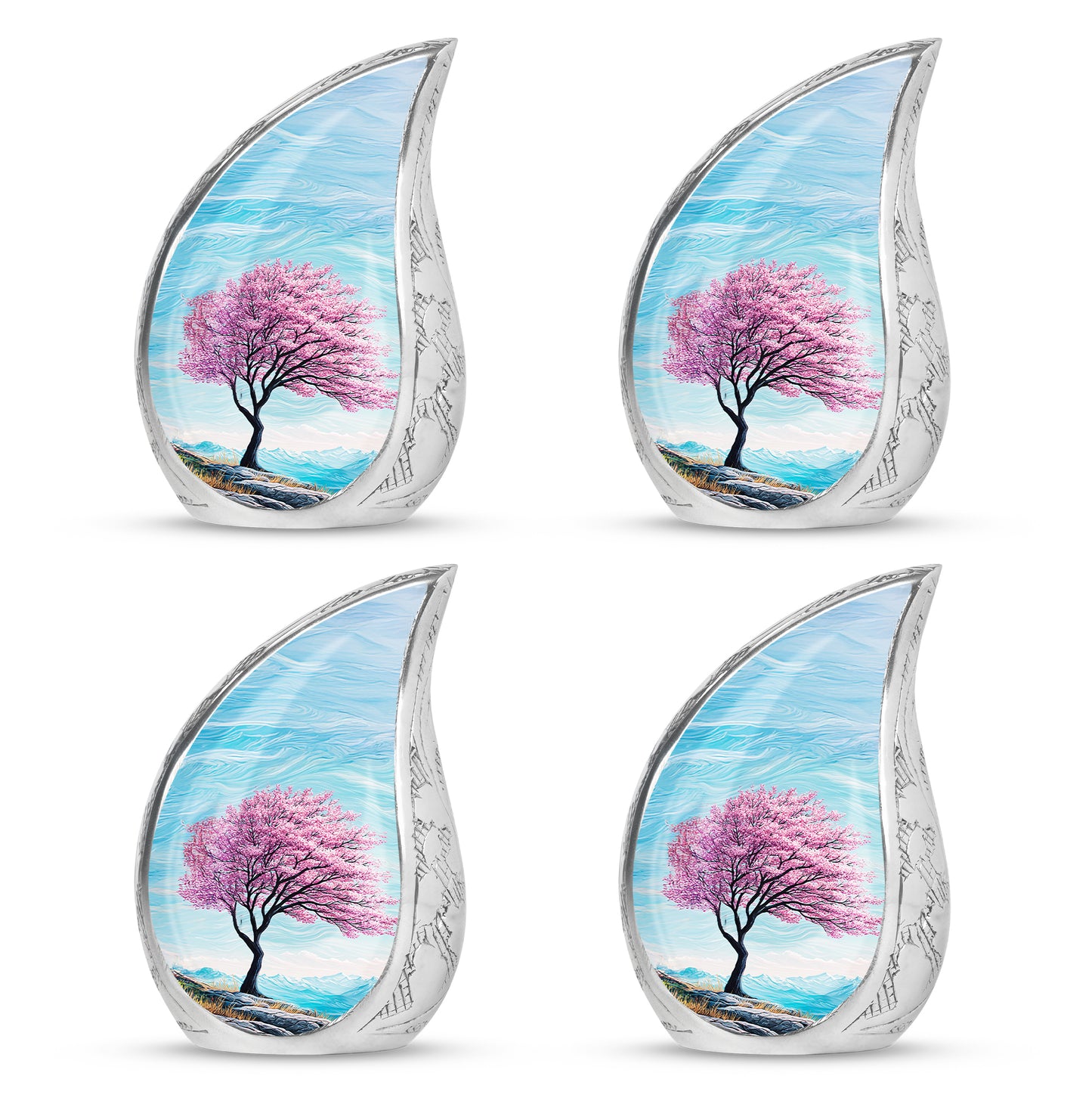 Aqua Teal Cherry Blossom Cremation Urn close-up of engraving and surface detail - graceful tear-shaped urn with cherry blossom motif - 10 inch aluminum urn for cremated remains