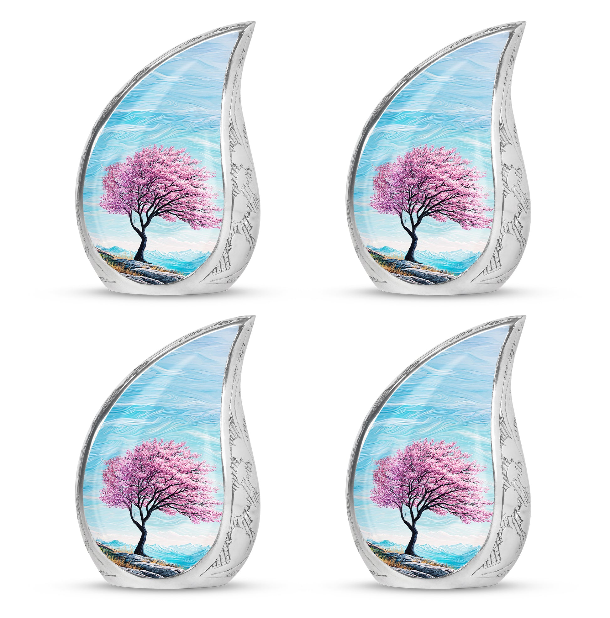 Aqua Teal Cherry Blossom Cremation Urn close-up of engraving and surface detail - graceful tear-shaped urn with cherry blossom motif - 10 inch aluminum urn for cremated remains