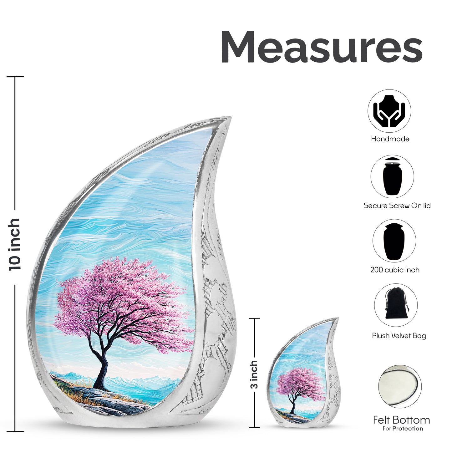 Jewel Teal Cherry Blossom Cremation Urn angled view of lid and engraved motif - flowing teardrop cherry blossom silhouette on curved aluminum - mini keepsake memorial for portion of cremation ashes
