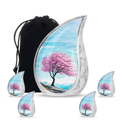 Deep Teal Cherry Blossom Cremation Urn side profile showing urn shape - smooth teardrop contour featuring cherry blossom art - memorial set with one large and four small urns